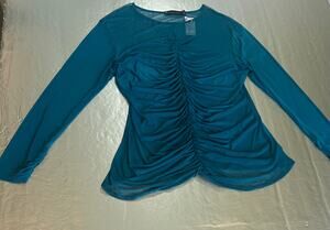 Fashion to Figure Mesh Top Size 2 Teal Sheer Ruched Long Sleeve Stretch NWT